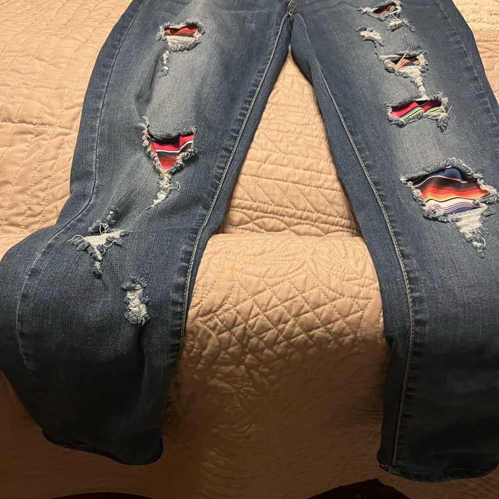Judy Blue Dark Blue Distressed Skinny Jeans with Colorful Serape Patches